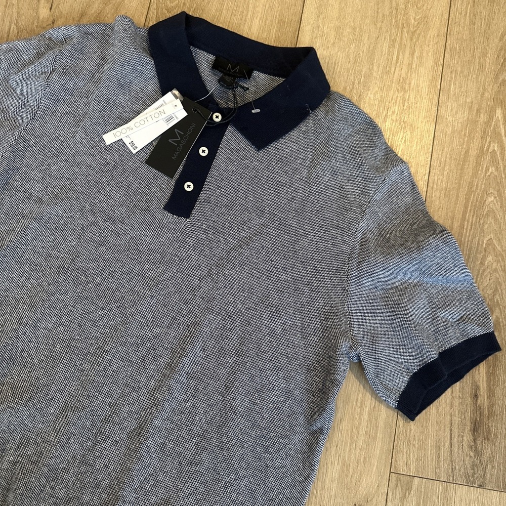 Magaschoni‎ Sweater Men's S/S Medium Knit Pullover Golf Blue Tweed Collar Preppy